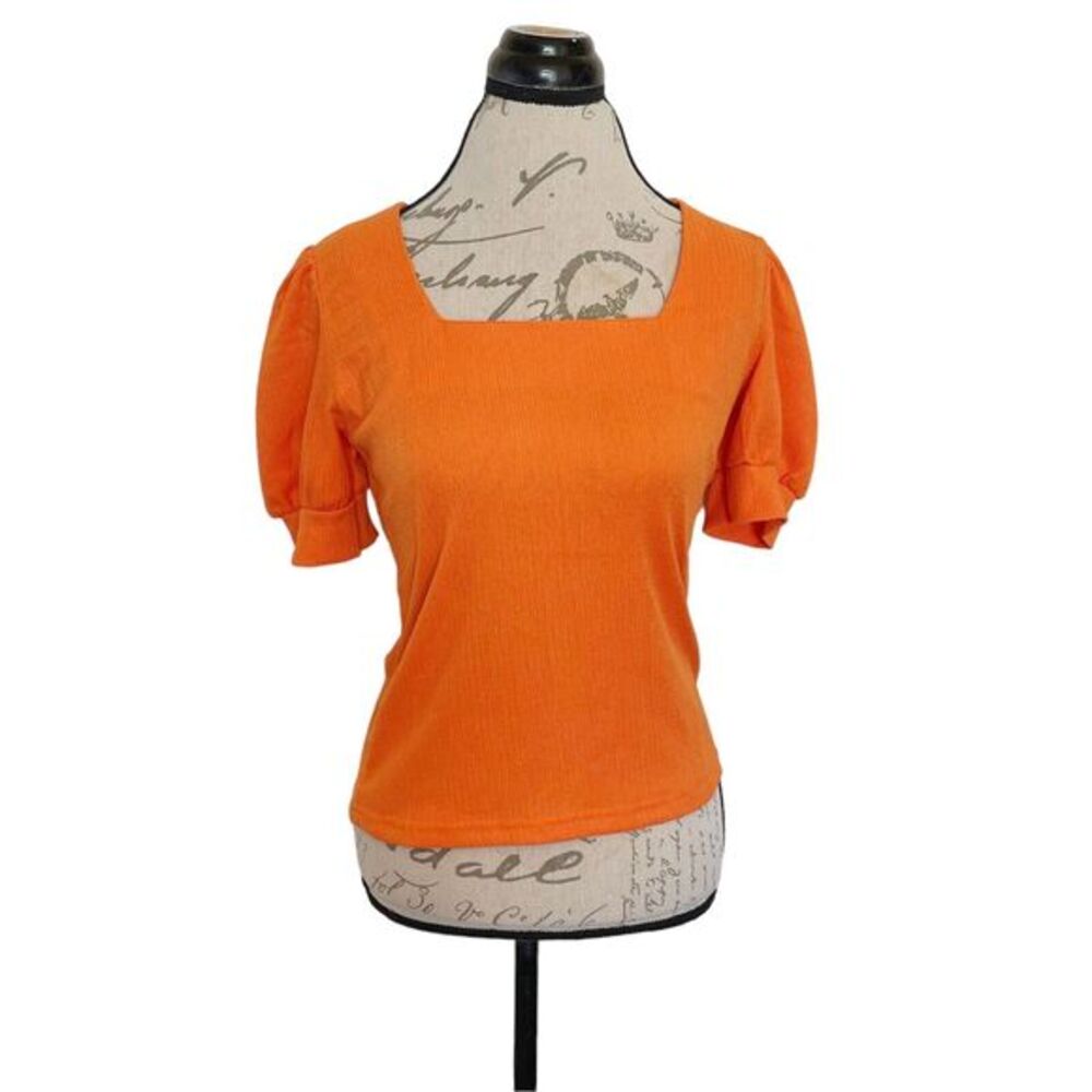 Big Dart Womens Blouse Orange Puff Sleeve Pleated Stretch Crinkle Size Medium